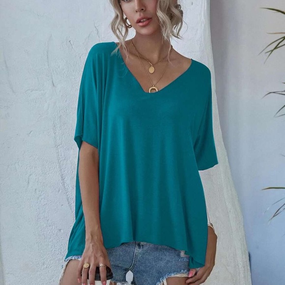 Black V neck Classic Dolman Sleeve Oversized Top - Picture 3 of 9